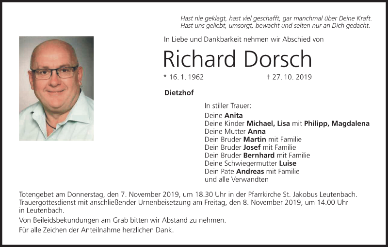  Traueranzeige für Richard Dorsch vom 04.11.2019 aus MGO
