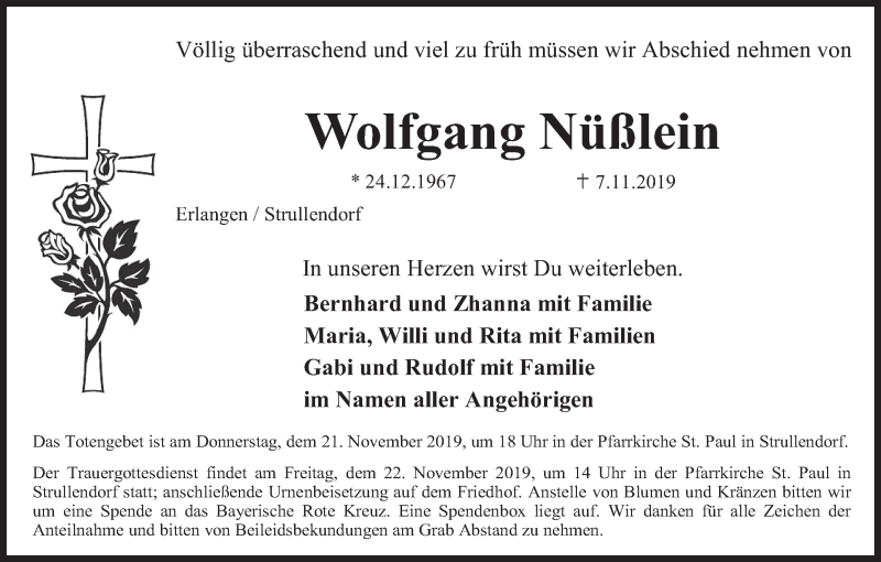  Traueranzeige für Wolfgang Nüßlein vom 16.11.2019 aus MGO