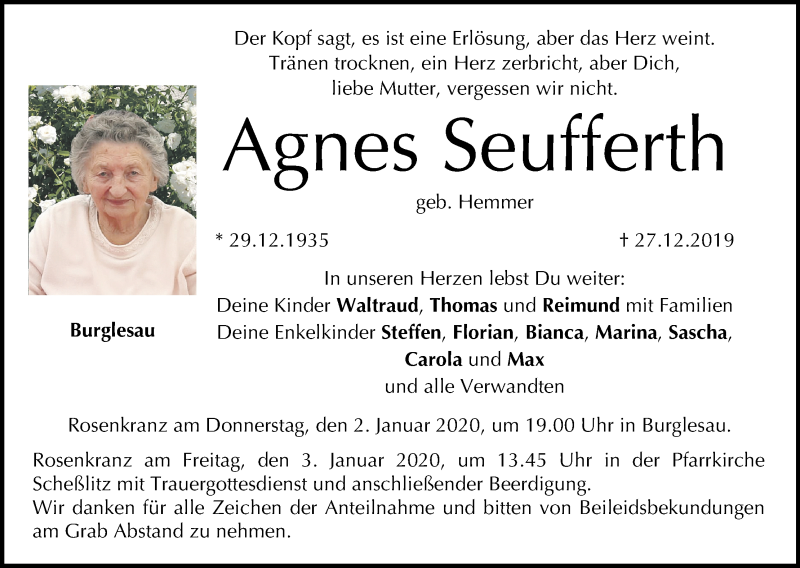  Traueranzeige für Agnes Seufferth vom 30.12.2019 aus MGO