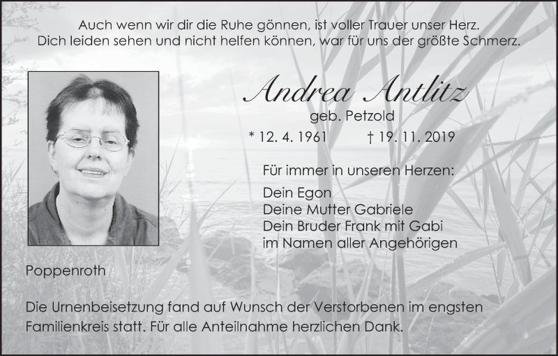  Traueranzeige für Andrea Antlitz vom 07.12.2019 aus MGO