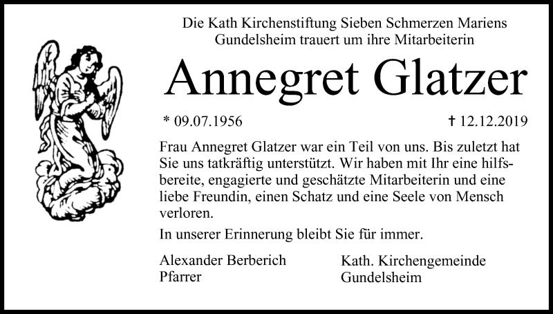  Traueranzeige für Annegret Glatzer vom 21.12.2019 aus MGO