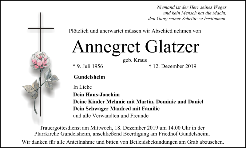  Traueranzeige für Annegret Glatzer vom 14.12.2019 aus MGO