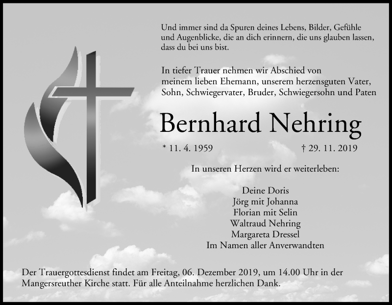  Traueranzeige für Bernhard Nehring vom 04.12.2019 aus MGO