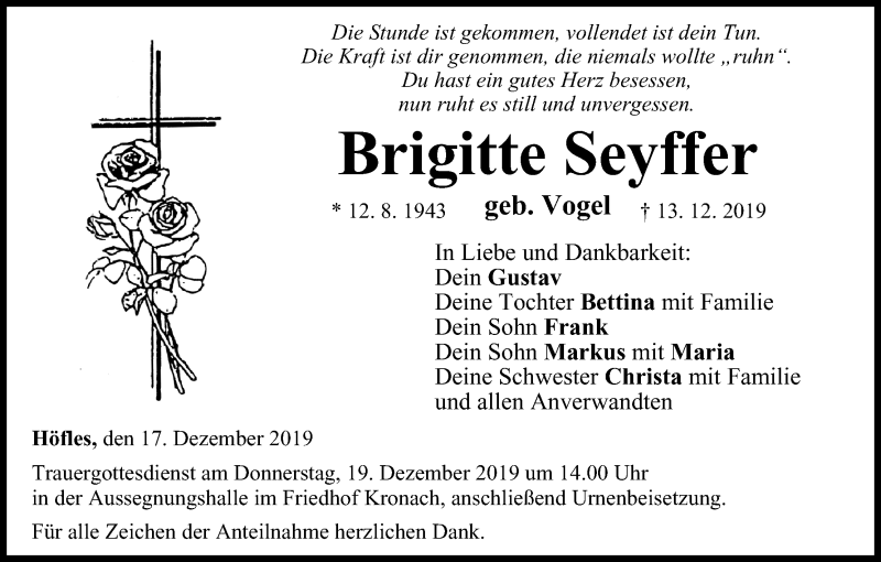  Traueranzeige für Brigitte Seyffer vom 17.12.2019 aus MGO