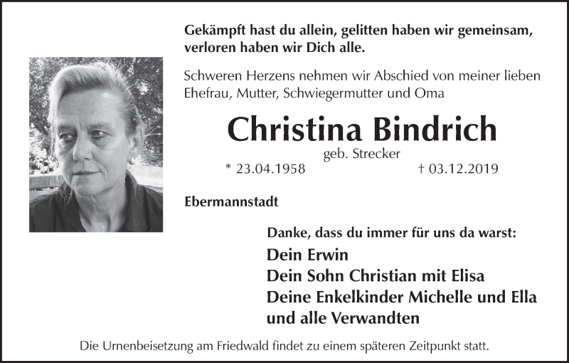  Traueranzeige für Christina Bindrich vom 06.12.2019 aus MGO