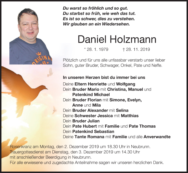  Traueranzeige für Daniel Holzmann vom 30.11.2019 aus MGO
