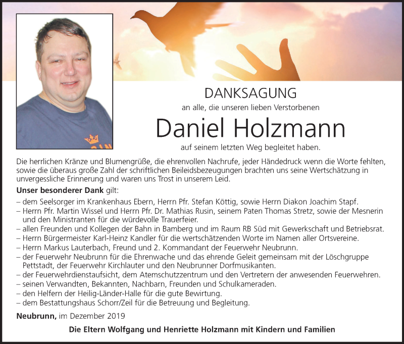  Traueranzeige für Daniel Holzmann vom 16.12.2019 aus MGO