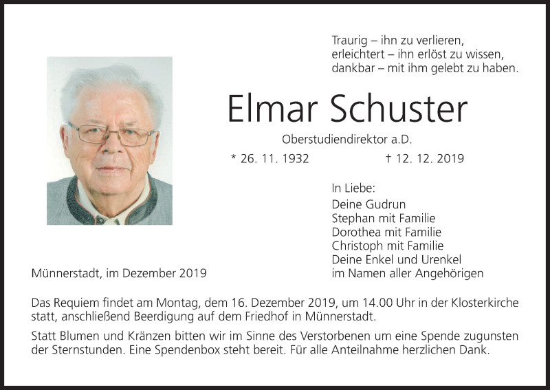  Traueranzeige für Elmar Schuster vom 13.12.2019 aus MGO