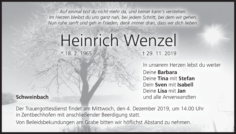  Traueranzeige für Heinrich Wenzel vom 02.12.2019 aus MGO