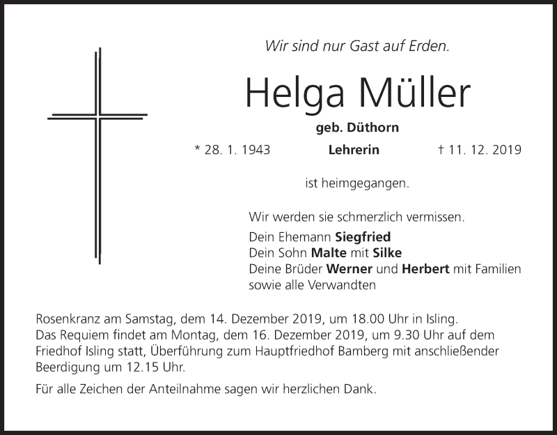  Traueranzeige für Helga Müller vom 14.12.2019 aus MGO