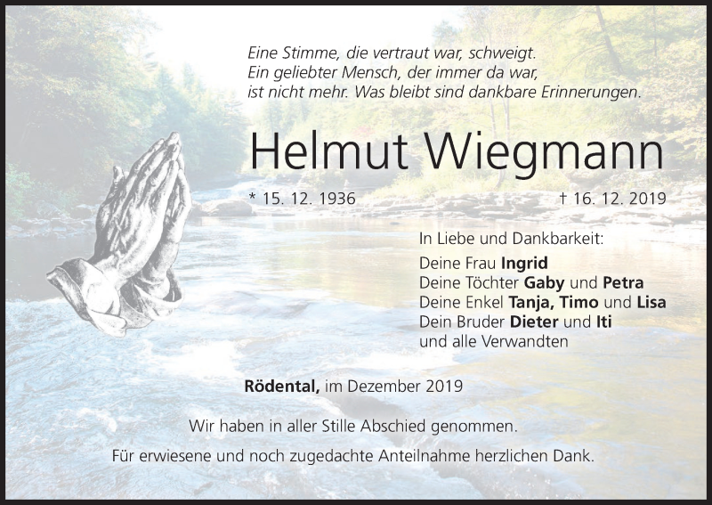  Traueranzeige für Helmut Wiegmann vom 28.12.2019 aus MGO