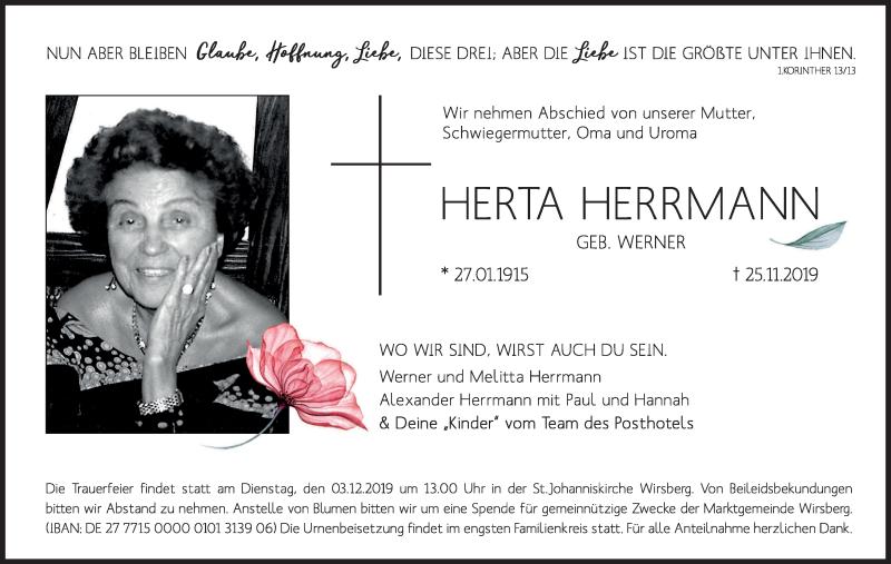  Traueranzeige für Herta Herrmann vom 30.11.2019 aus MGO