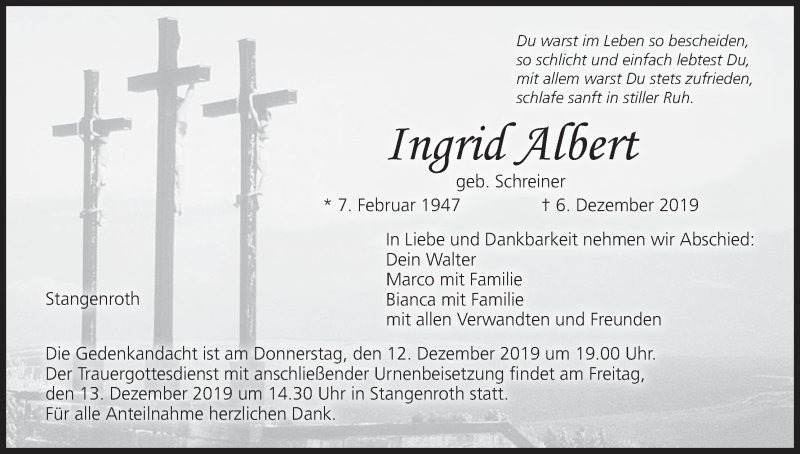  Traueranzeige für Ingrid Albert vom 10.12.2019 aus MGO