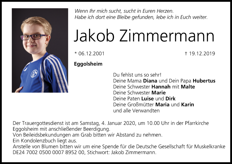  Traueranzeige für Jakob Zimmermann vom 28.12.2019 aus MGO