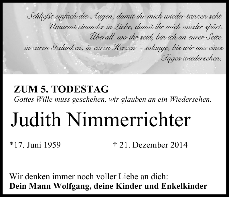  Traueranzeige für Judith Nimmerrichter vom 21.12.2019 aus MGO