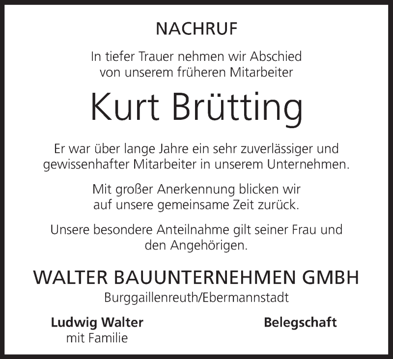  Traueranzeige für Kurt Brütting vom 19.12.2019 aus MGO