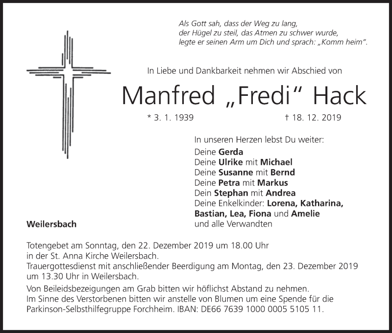  Traueranzeige für Manfred  Hack vom 21.12.2019 aus MGO