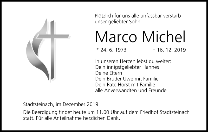  Traueranzeige für Marco Michel vom 21.12.2019 aus MGO