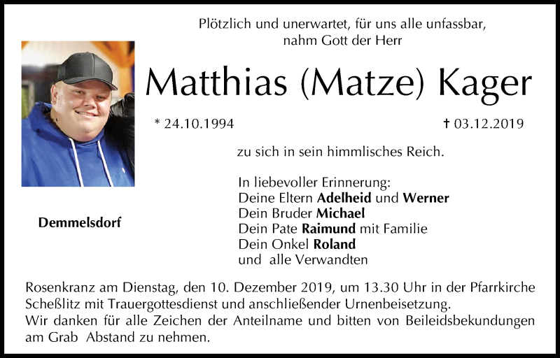  Traueranzeige für Matthias Kager vom 06.12.2019 aus MGO