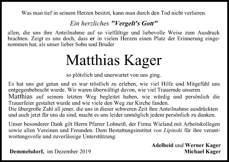  Traueranzeige für Matthias Kager vom 21.12.2019 aus MGO