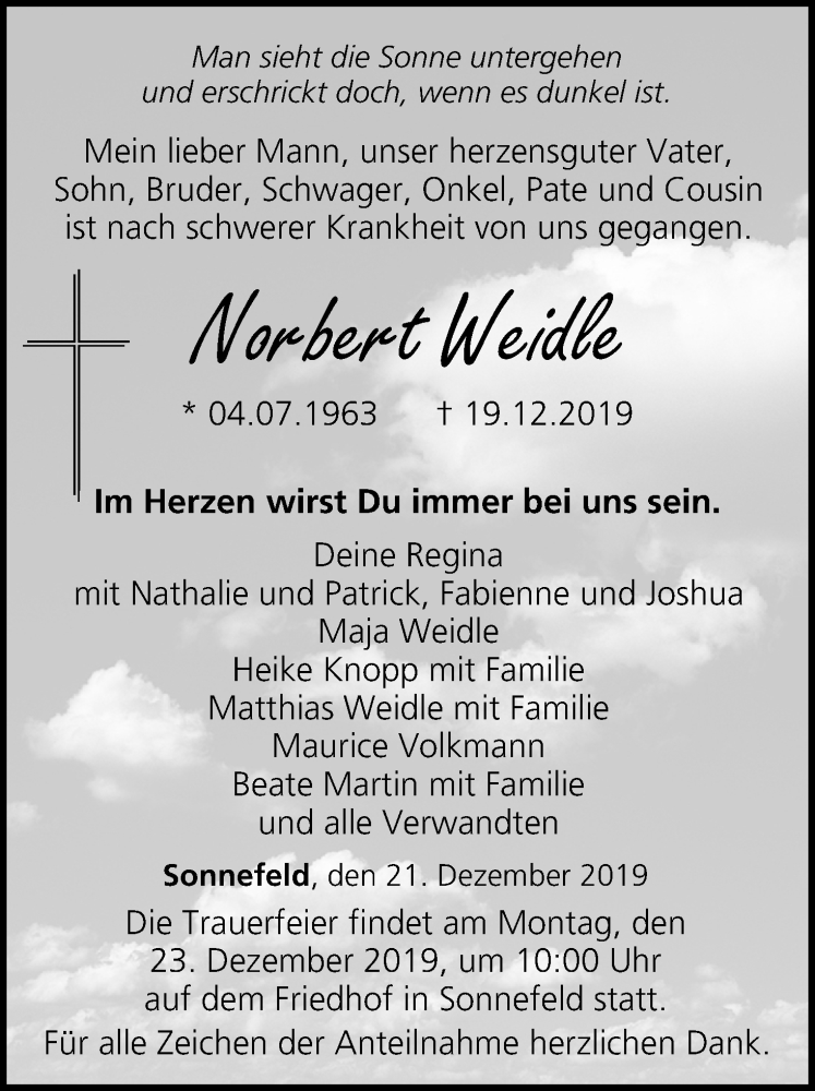  Traueranzeige für Norbert Weidle vom 21.12.2019 aus MGO
