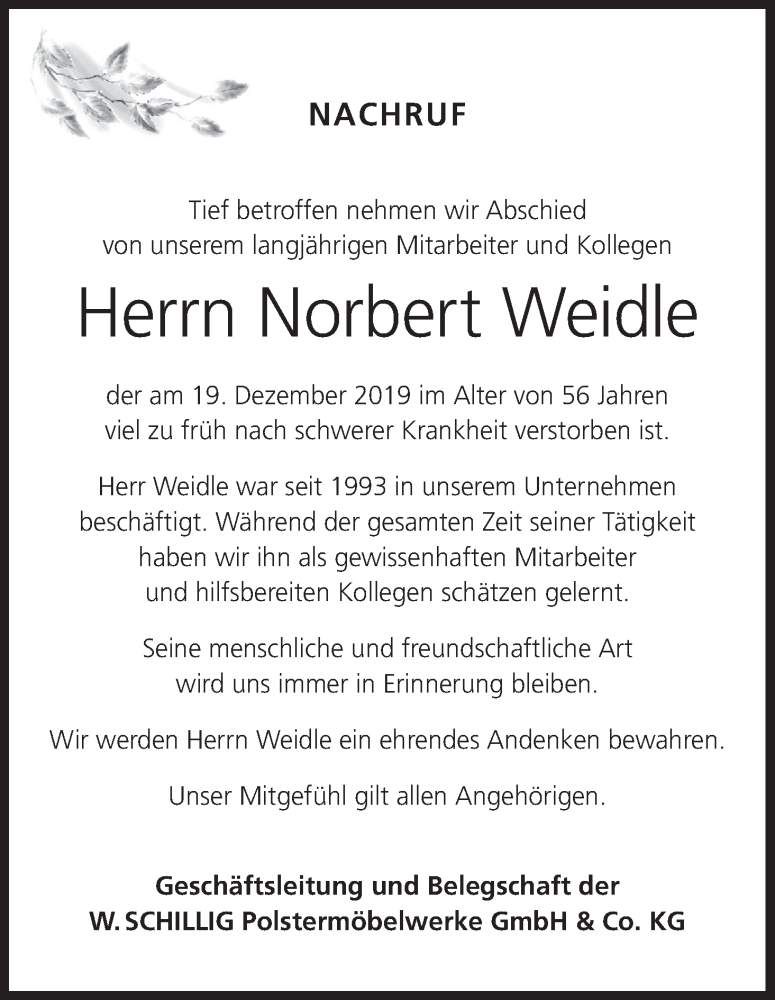  Traueranzeige für Norbert Weidle vom 24.12.2019 aus MGO