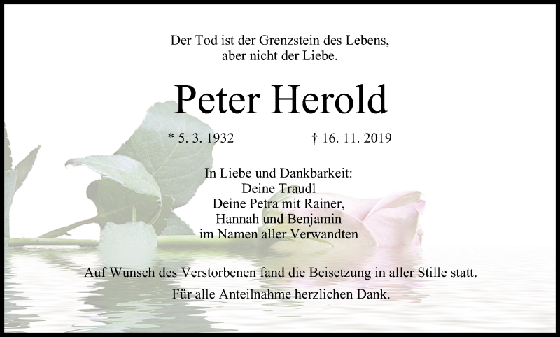  Traueranzeige für Peter Herold vom 12.12.2019 aus MGO