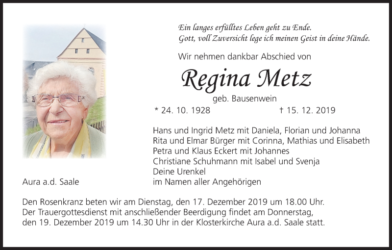  Traueranzeige für Regina Metz vom 17.12.2019 aus MGO