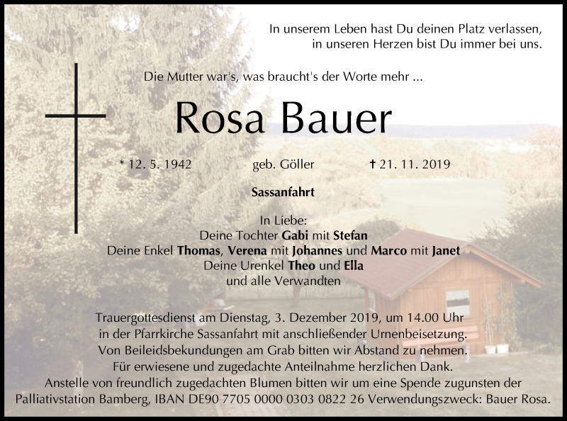  Traueranzeige für Rosa Bauer vom 30.11.2019 aus MGO