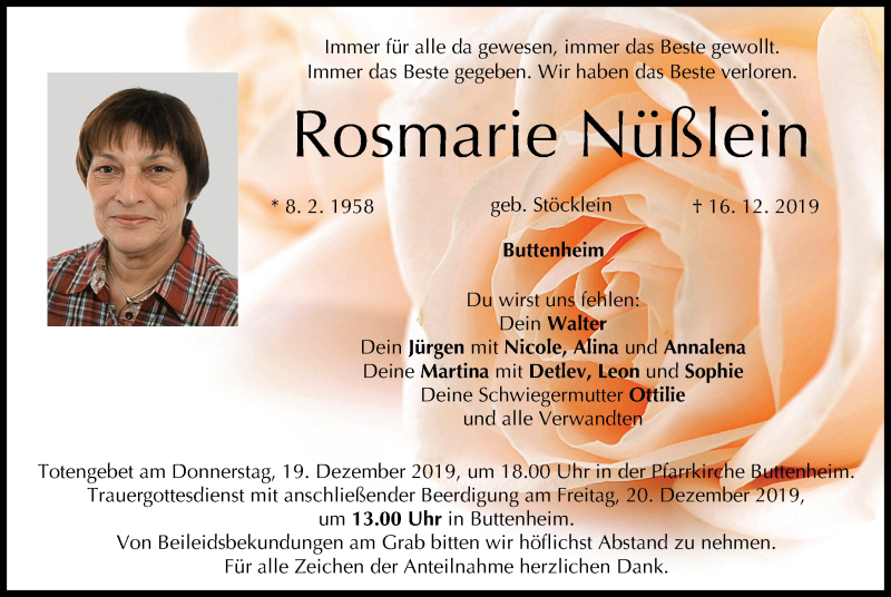 Traueranzeige für Rosmarie Nüßlein vom 18.12.2019 aus MGO