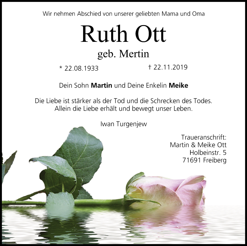  Traueranzeige für Ruth Ott vom 30.11.2019 aus MGO