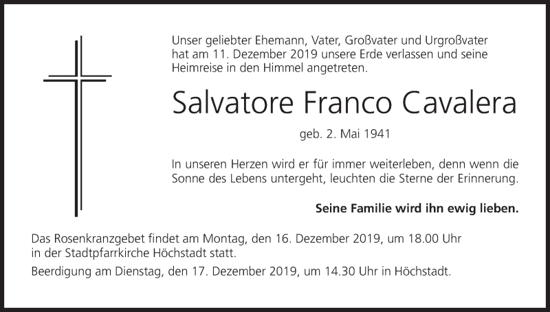  Traueranzeige für Salvatore Franco Cavalera vom 14.12.2019 aus MGO