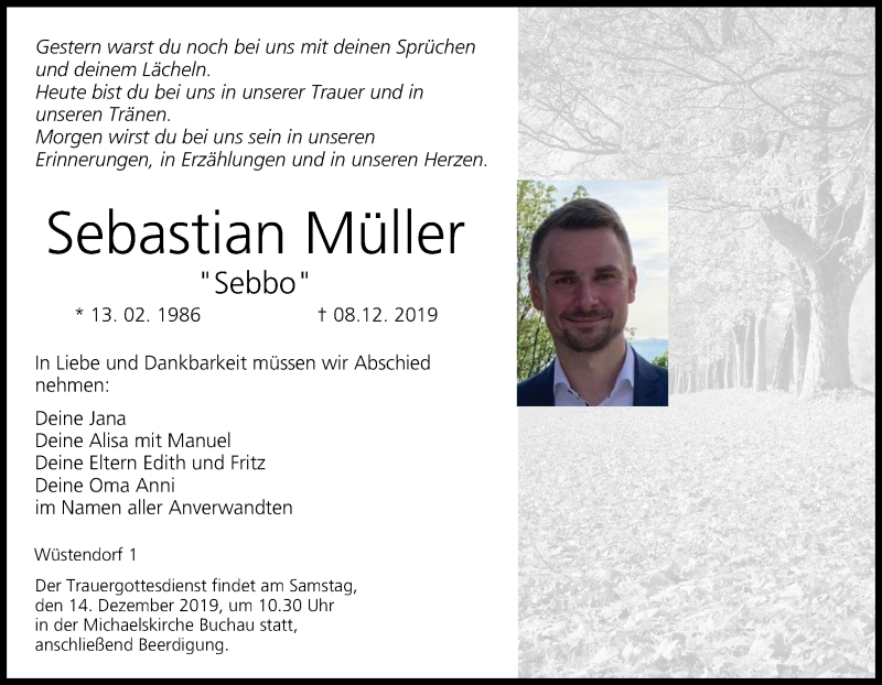  Traueranzeige für Sebastian Müller vom 11.12.2019 aus MGO