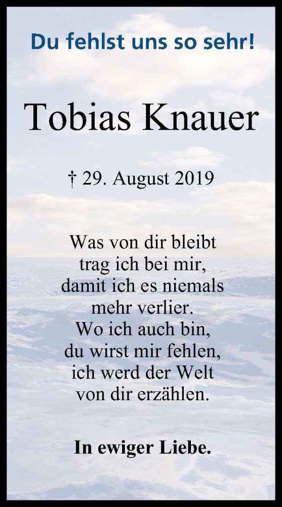  Traueranzeige für Tobias Knauer vom 24.12.2019 aus MGO