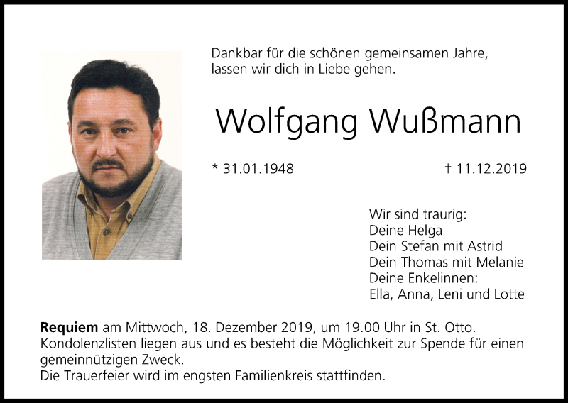  Traueranzeige für Wolfgang Wußmann vom 14.12.2019 aus MGO