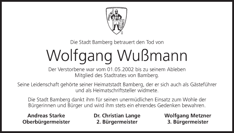  Traueranzeige für Wolfgang Wußmann vom 14.12.2019 aus MGO