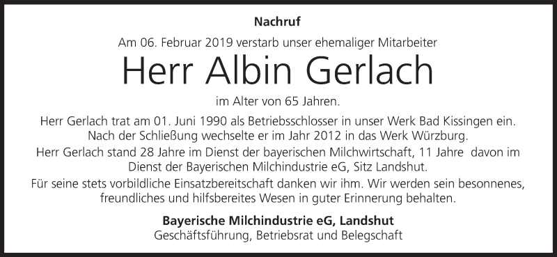  Traueranzeige für Albin Gerlach vom 13.02.2019 aus MGO
