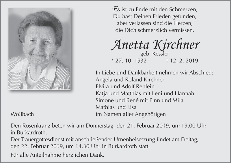  Traueranzeige für Anetta Kirchner vom 16.02.2019 aus MGO