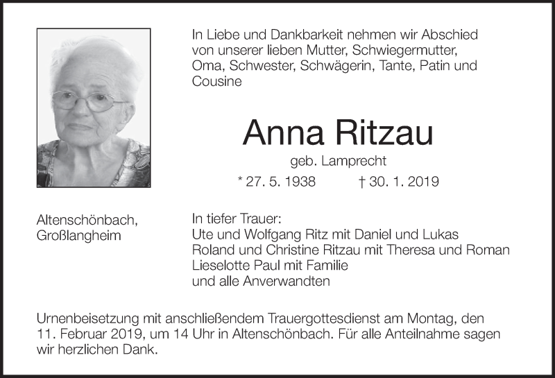  Traueranzeige für Anna Ritzau vom 07.02.2019 aus MGO