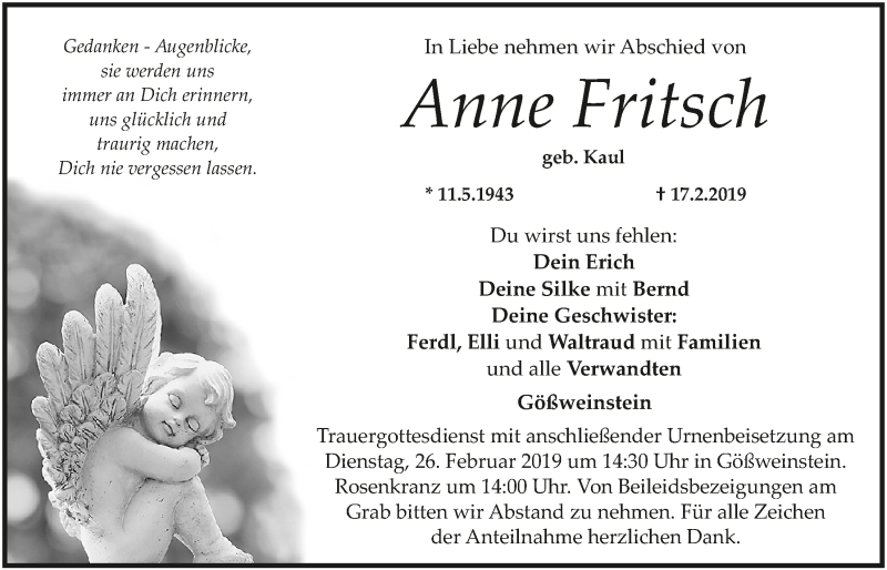  Traueranzeige für Anne Fritsch vom 23.02.2019 aus MGO