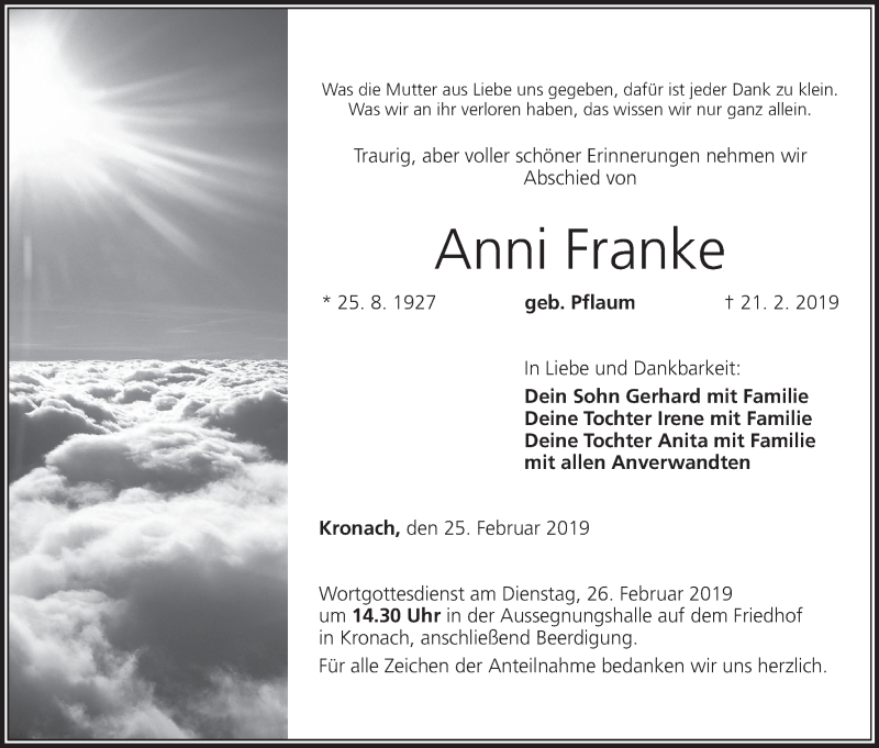 Traueranzeige für Anni Franke vom 25.02.2019 aus MGO