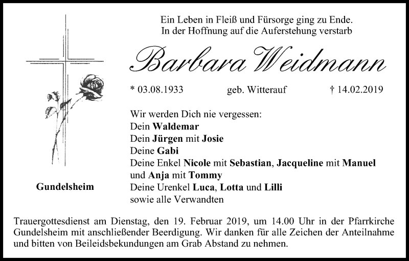  Traueranzeige für Barbara Weidmann vom 16.02.2019 aus MGO