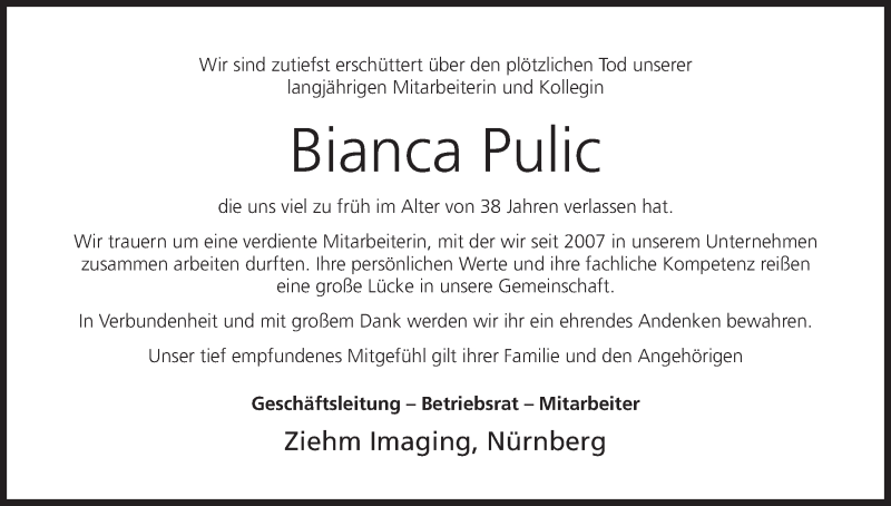  Traueranzeige für Bianca Pulic vom 19.02.2019 aus MGO