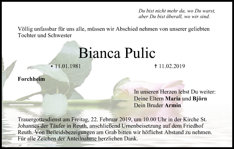  Traueranzeige für Bianca Pulic vom 19.02.2019 aus MGO