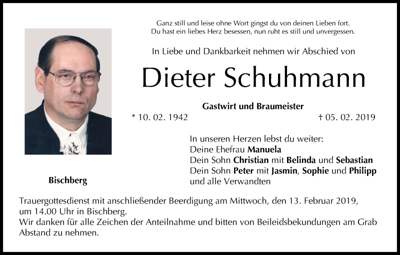  Traueranzeige für Dieter Schuhmann vom 09.02.2019 aus MGO