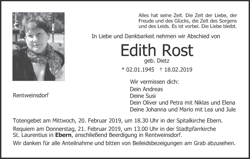  Traueranzeige für Edith Rost vom 20.02.2019 aus MGO