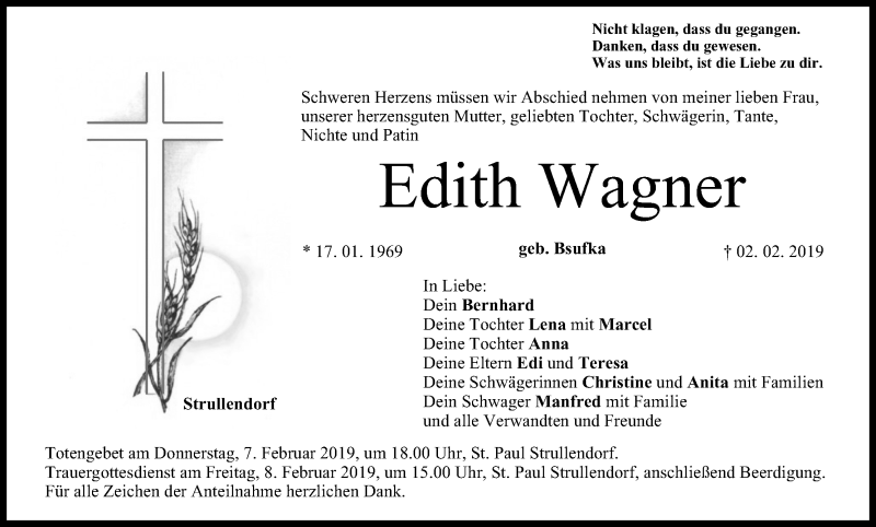  Traueranzeige für Edith Wagner vom 07.02.2019 aus MGO
