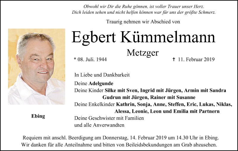  Traueranzeige für Egbert Kümmelmann vom 13.02.2019 aus MGO