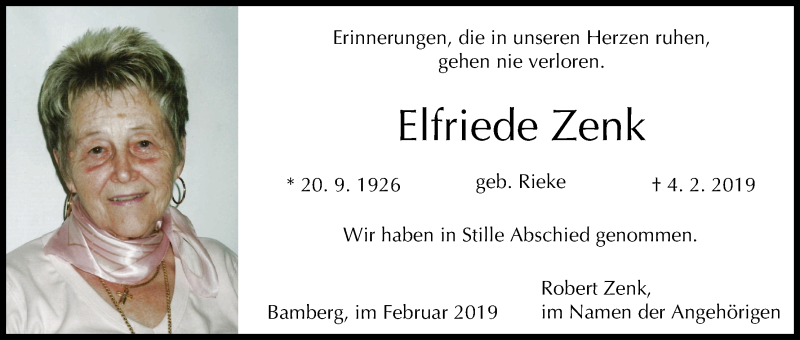  Traueranzeige für Elfriede Zenk vom 09.02.2019 aus MGO
