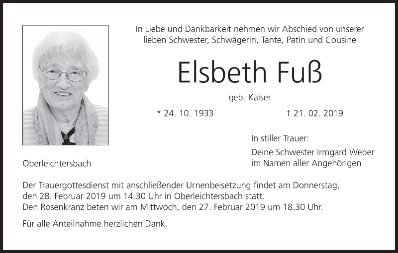  Traueranzeige für Elsbeth Fuß vom 23.02.2019 aus MGO